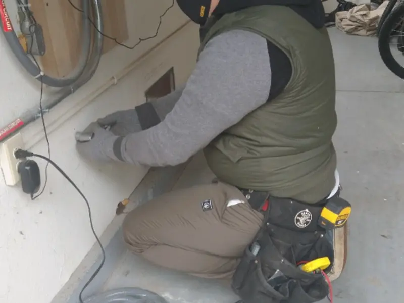 Electrician performing outlet wiring in a Sugarcreek garage